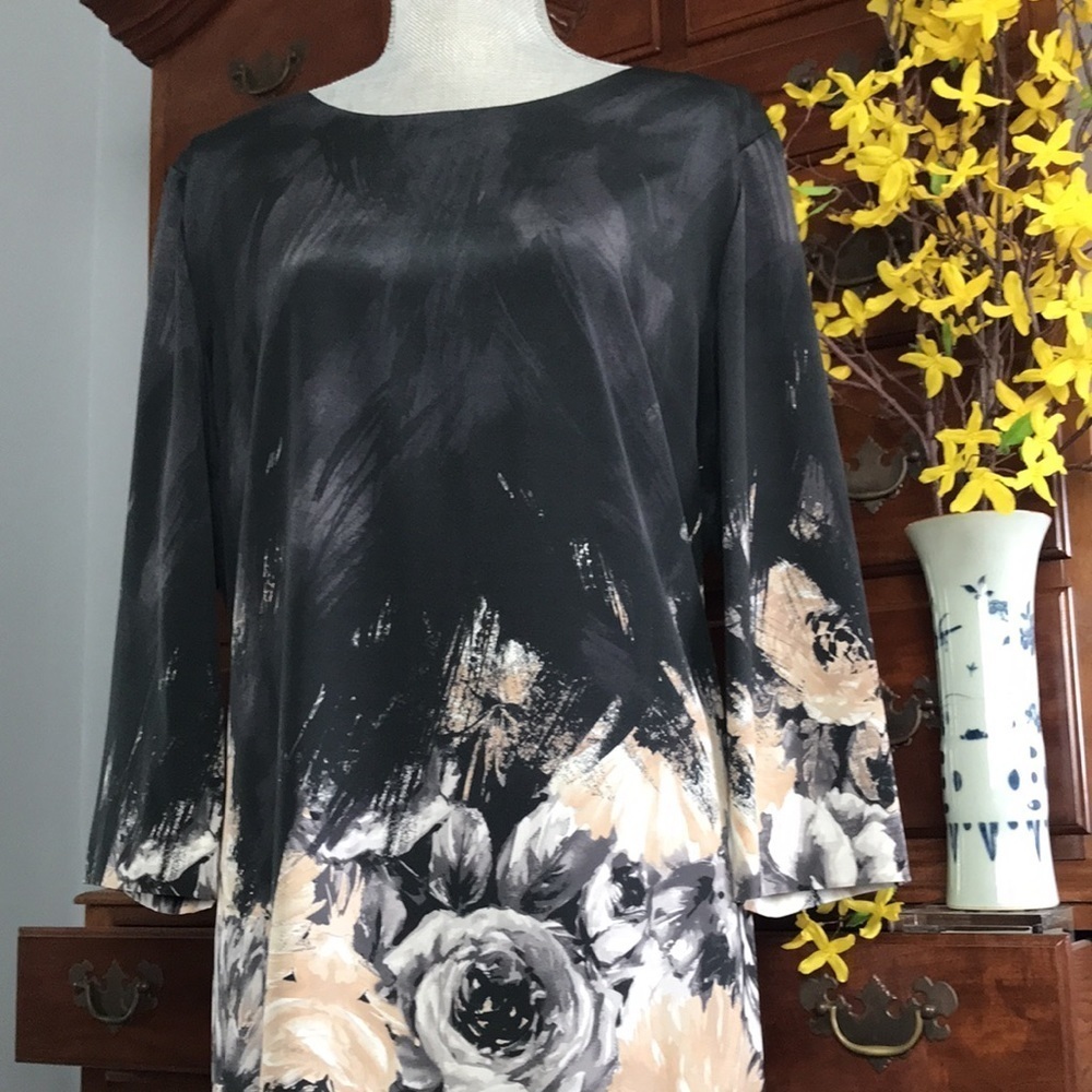 St. John Collection Floral Silk Dress Black Cream Golden Size 12 - Picture 14 of 16